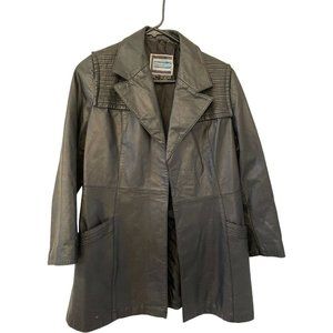 Suburban Heritage Womens Leather Jacket Black Wait Length Open Collar Pockets 12